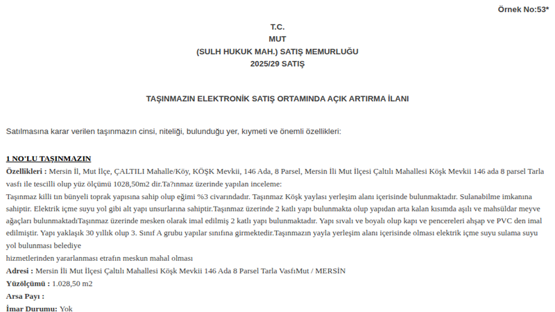 Konut - MERSİN MUT - 1.028,50 m²