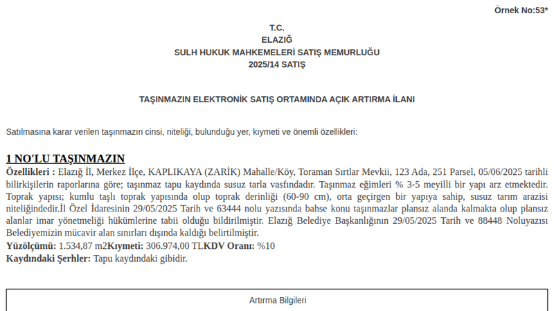 Satılık Tarla - Elazığ Merkez