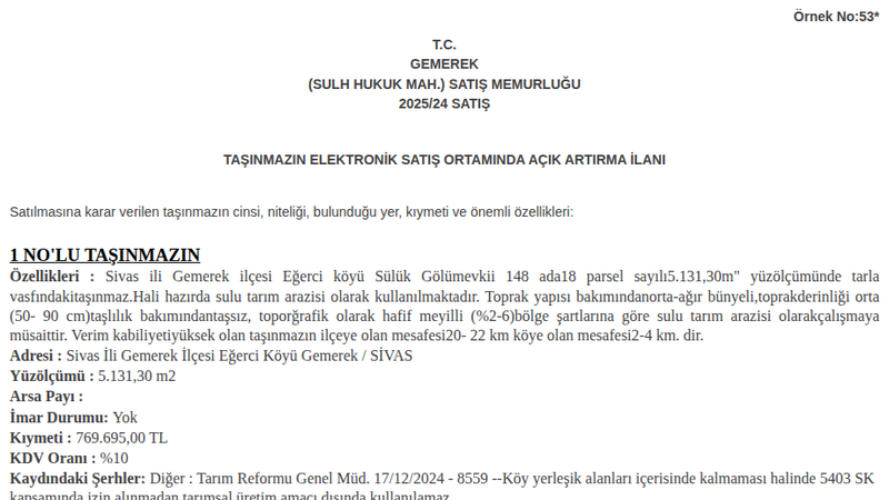 Satılık Tarla - Sivas Gemerek