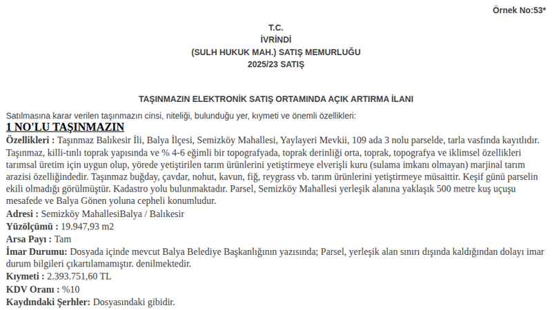 Satılık Tarla - Balıkesir Balya