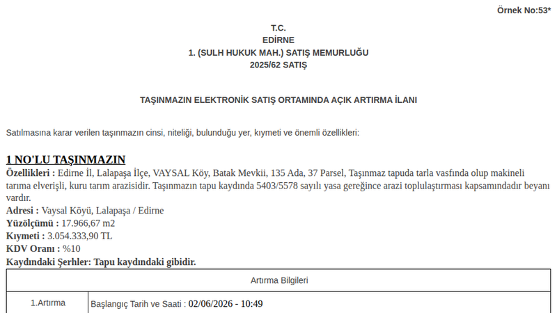 Arsa/Arazi - EDİRNE LALAPAŞA - 966,67 m²