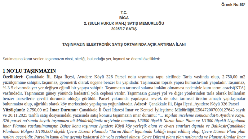 Satılık Tarla - Çanakkale Biga