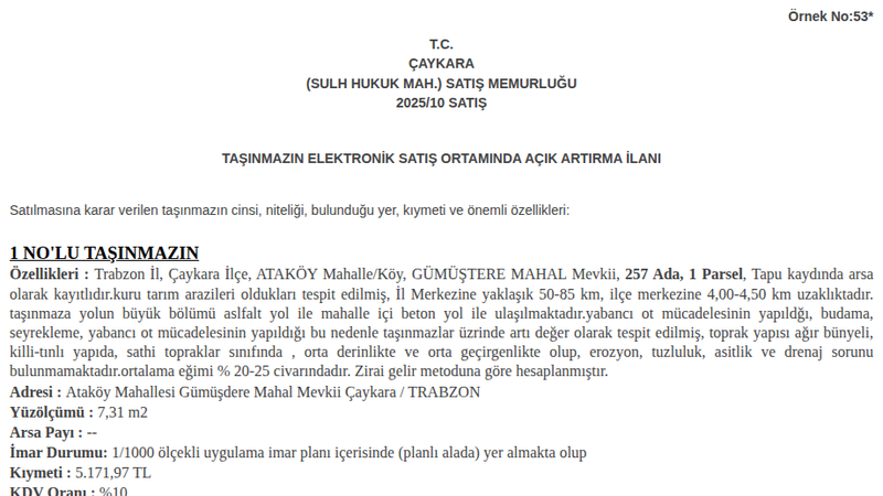 Arsa/Arazi - TRABZON ÇAYKARA - 7,31 m²