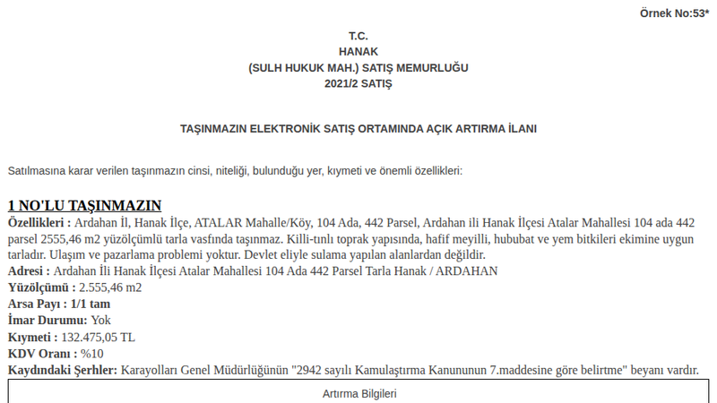 Arsa/Arazi - ARDAHAN HANAK - 2.555,46 m²