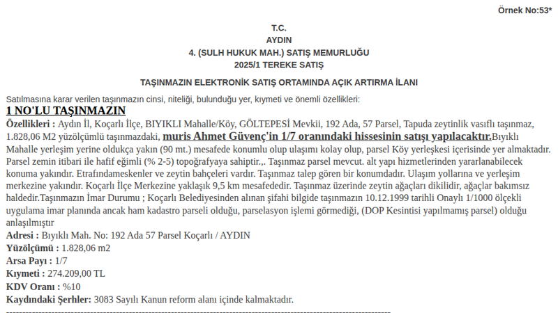 Arsa/Arazi - AYDIN KOÇARLI - 828,06 m²