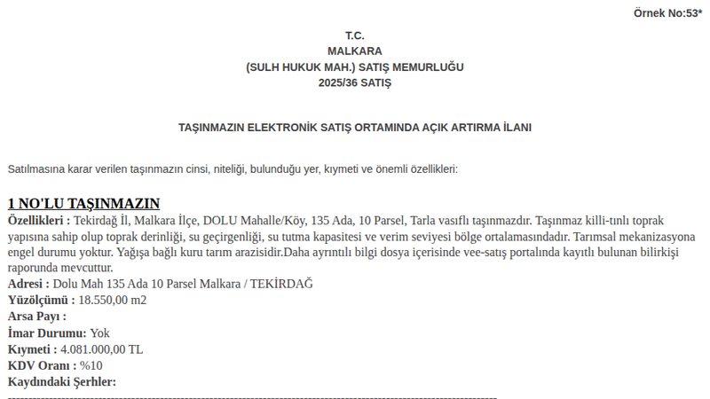 Arsa/Arazi - TEKİRDAĞ MALKARA - 550 m²