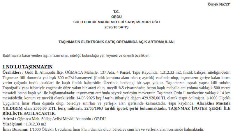 Arsa/Arazi - ORDU ALTINORDU - 312,33 m²