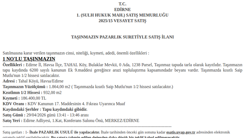 Arsa/Arazi - EDİRNE HAVSA - 864 m²