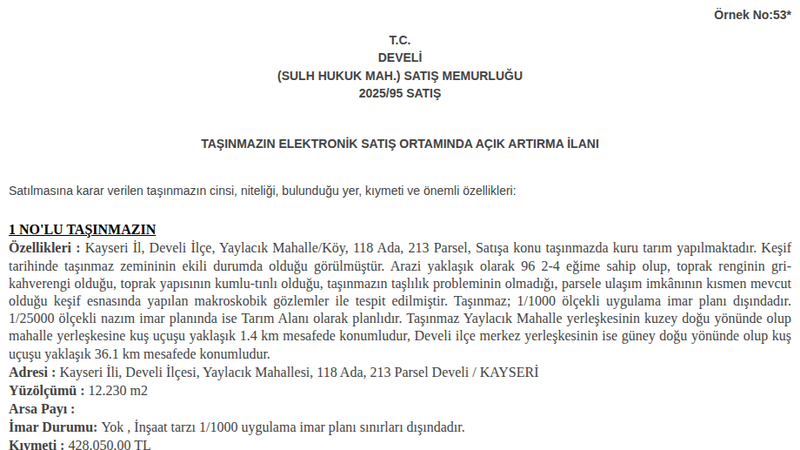 Arsa/Arazi - KAYSERİ DEVELİ - 12,23 m²