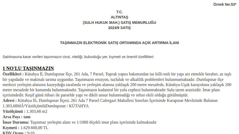 Arsa/Arazi - KÜTAHYA DUMLUPINAR - 303,68 m²