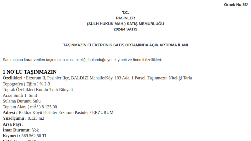 Arsa/Arazi - ERZURUM PASİNLER - 8,12 m²