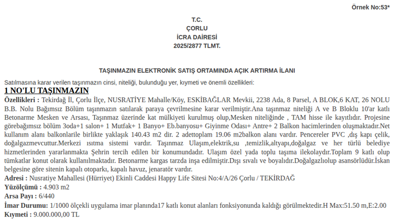 Konut - TEKİRDAĞ ÇORLU - 140,43 m²