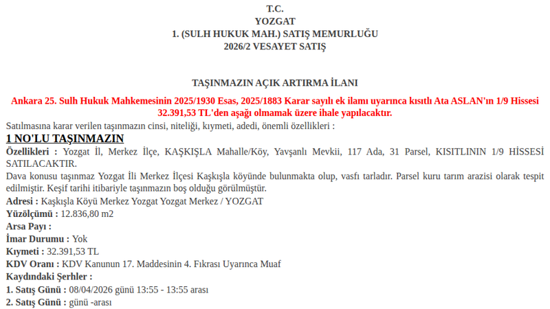 Arsa/Arazi - YOZGAT MERKEZ - 836,80 m²
