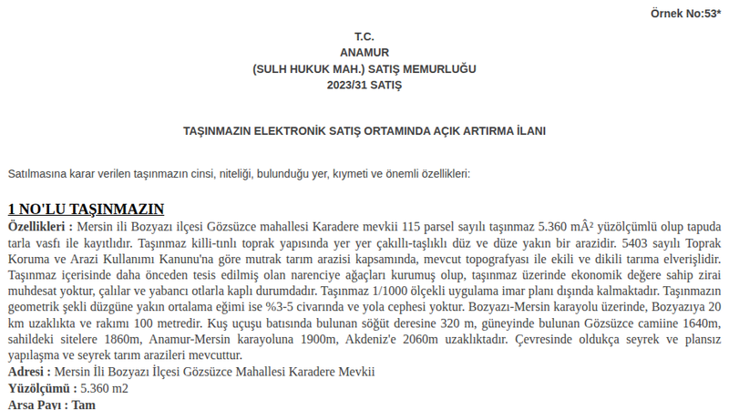 Satılık Tarla - Mersin Bozyazı