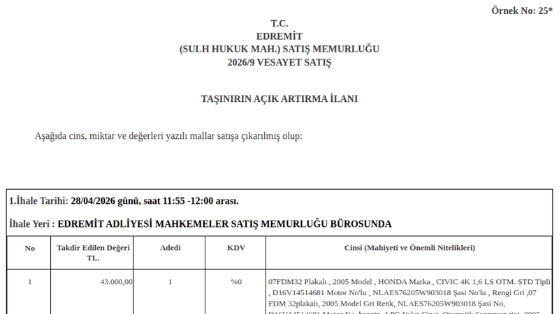 Otomobil - BALIKESİR EDREMİT