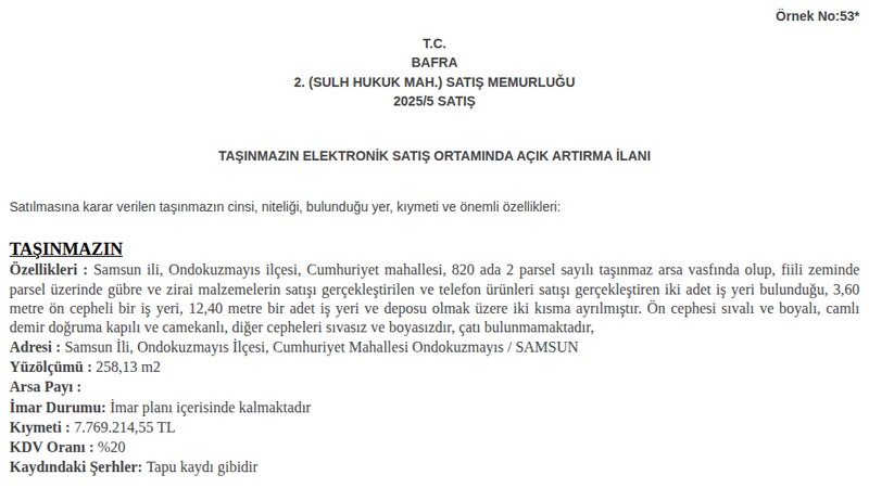 Arsa/Arazi - SAMSUN ONDOKUZMAYIS - 258,13 m²
