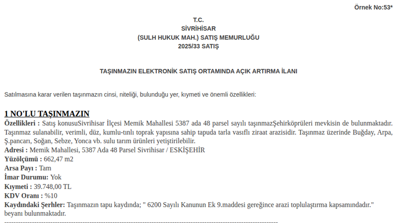 Arsa/Arazi - ESKİŞEHİR SİVRİHİSAR - 662,47 m²