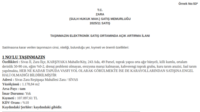 Arsa/Arazi - SİVAS ZARA - 178,84 m²