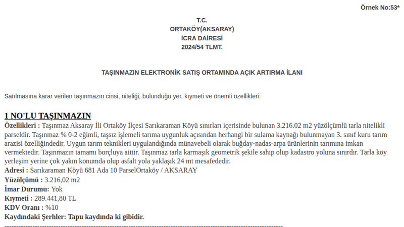 Arsa/Arazi - AKSARAY ORTAKÖY - 216,02 m²