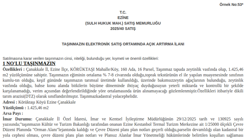 Arsa/Arazi - ÇANAKKALE EZİNE - 425,46 m²