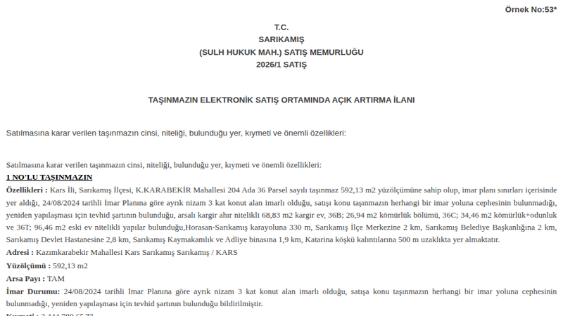 Konut - KARS SARIKAMIŞ - 592,13 m²