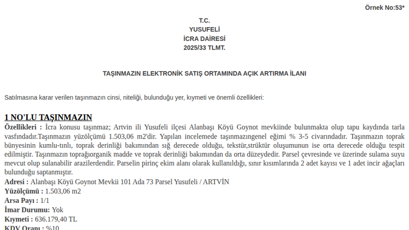 Arsa/Arazi - ARTVİN YUSUFELİ - 503,06 m²
