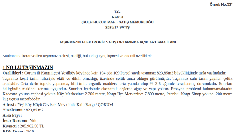 Satılık Tarla - Çorum Kargı