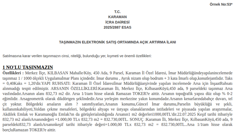 Arsa/Arazi - KARAMAN MERKEZ - 832,73 m²