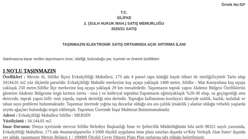 Satılık Tarla - Mersin Silifke