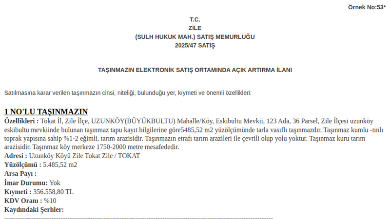Arsa/Arazi - TOKAT ZİLE - 5.485,52 m²
