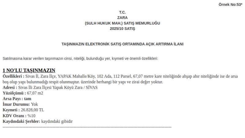 Arsa/Arazi - SİVAS ZARA - 67,07 m²