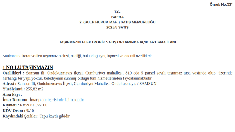 Satılık Arsa/Arazi - Samsun Ondokuzmayıs