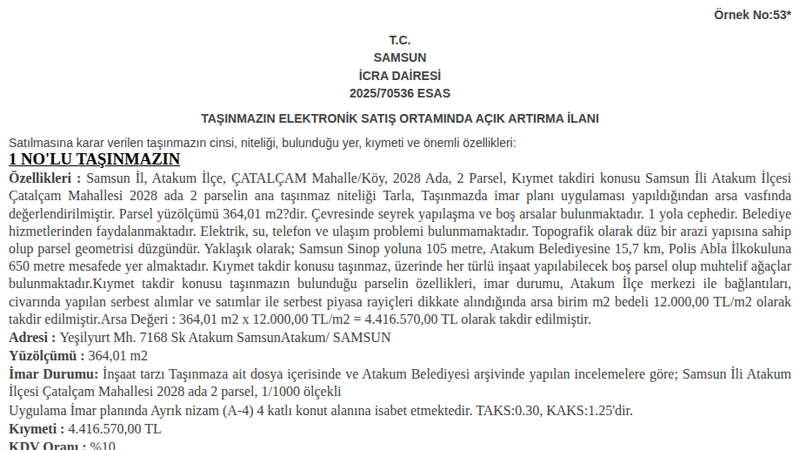 Arsa/Arazi - SAMSUN ATAKUM - 364,01 m²