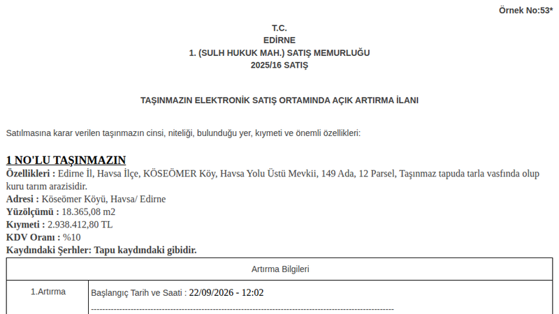 Arsa/Arazi - EDİRNE HAVSA - 365,08 m²