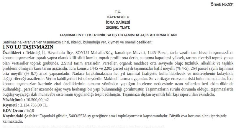 Arsa/Arazi - TEKİRDAĞ HAYRABOLU - 500 m²