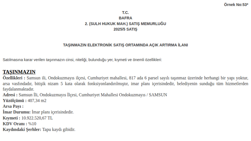 Satılık Arsa/Arazi - Samsun Ondokuzmayıs