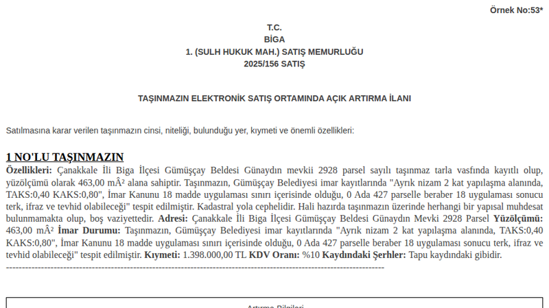 Arsa/Arazi - ÇANAKKALE BİGA - 463 m²
