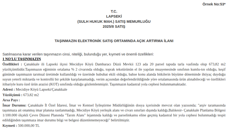 Satılık Tarla - Çanakkale Lapseki