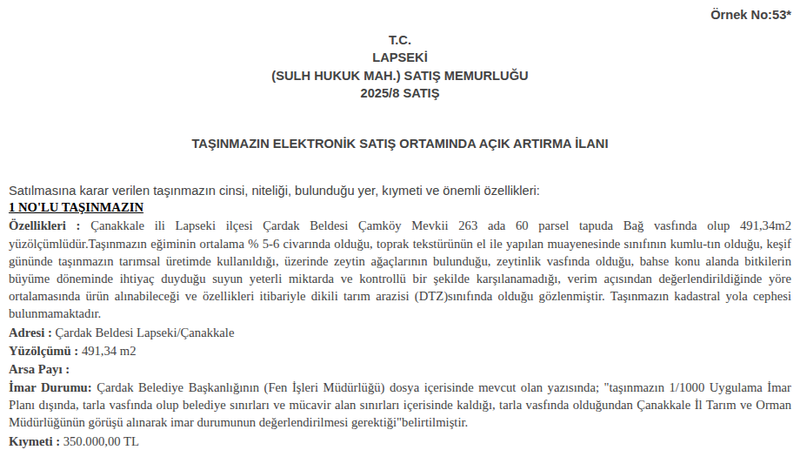 Satılık Tarla - Çanakkale Lapseki