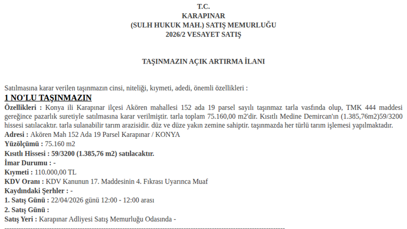 Arsa/Arazi - KONYA KARAPINAR - 160 m²