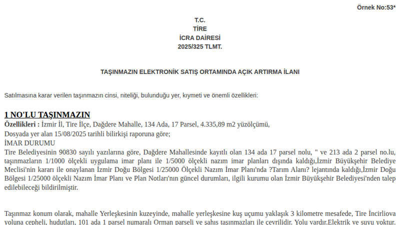 Arsa/Arazi - İZMİR TİRE - 335,89 m²