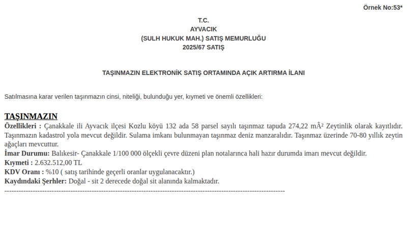 Arsa/Arazi - ÇANAKKALE AYVACIK - 274,22 m²