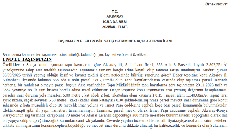 Arsa/Arazi - AKSARAY SULTANHANI - 802,25 m²