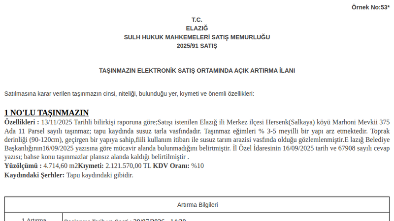 Satılık Tarla - Elazığ Merkez