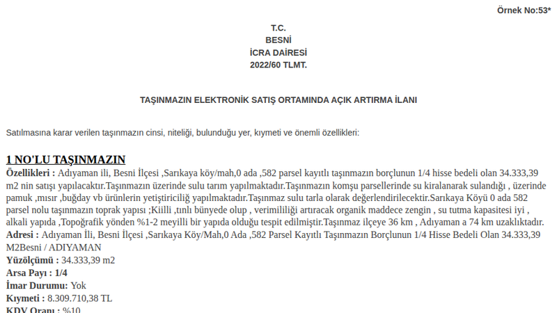 Arsa/Arazi - ADIYAMAN BESNİ - 333,39 m²