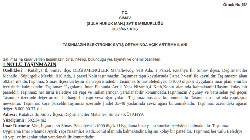 Konut - KÜTAHYA SİMAV - 502,34 m²