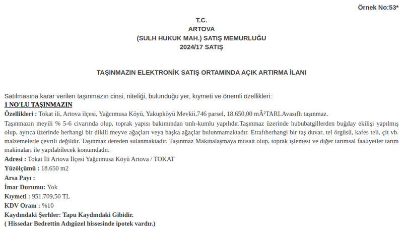 Arsa/Arazi - TOKAT ARTOVA - 18,65 m²
