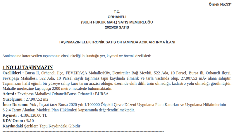 Arsa/Arazi - BURSA ORHANELİ - 907,52 m²