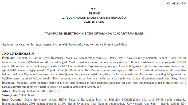 Satılık Tarla - Mersin Silifke