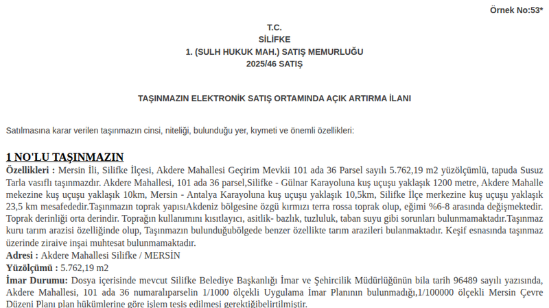 Satılık Tarla - Mersin Silifke
